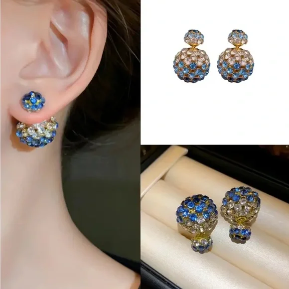 Blue & White Rhinestone Front And Back Earrings - Picture 1 of 3